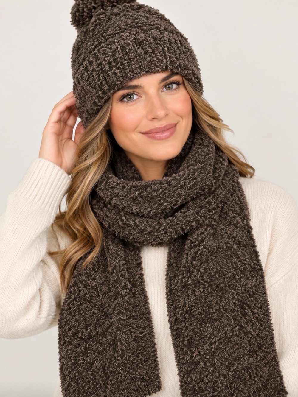Barefoot Dreams Brown Plush Pom Beanie and Matching Scarf Set